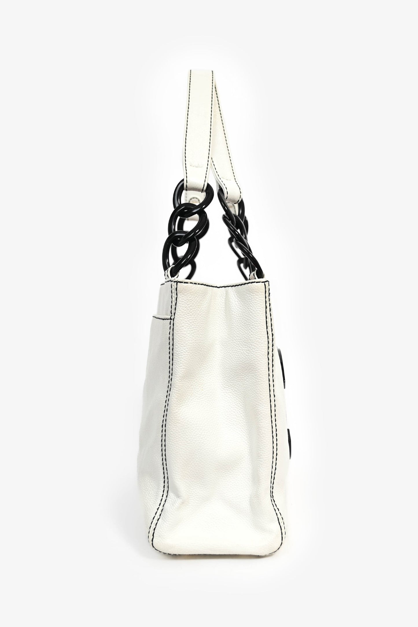 Pre-Loved Chanel™ 2004-05 White Caviar Leather Black Resin CC Chain Link Tote Bag