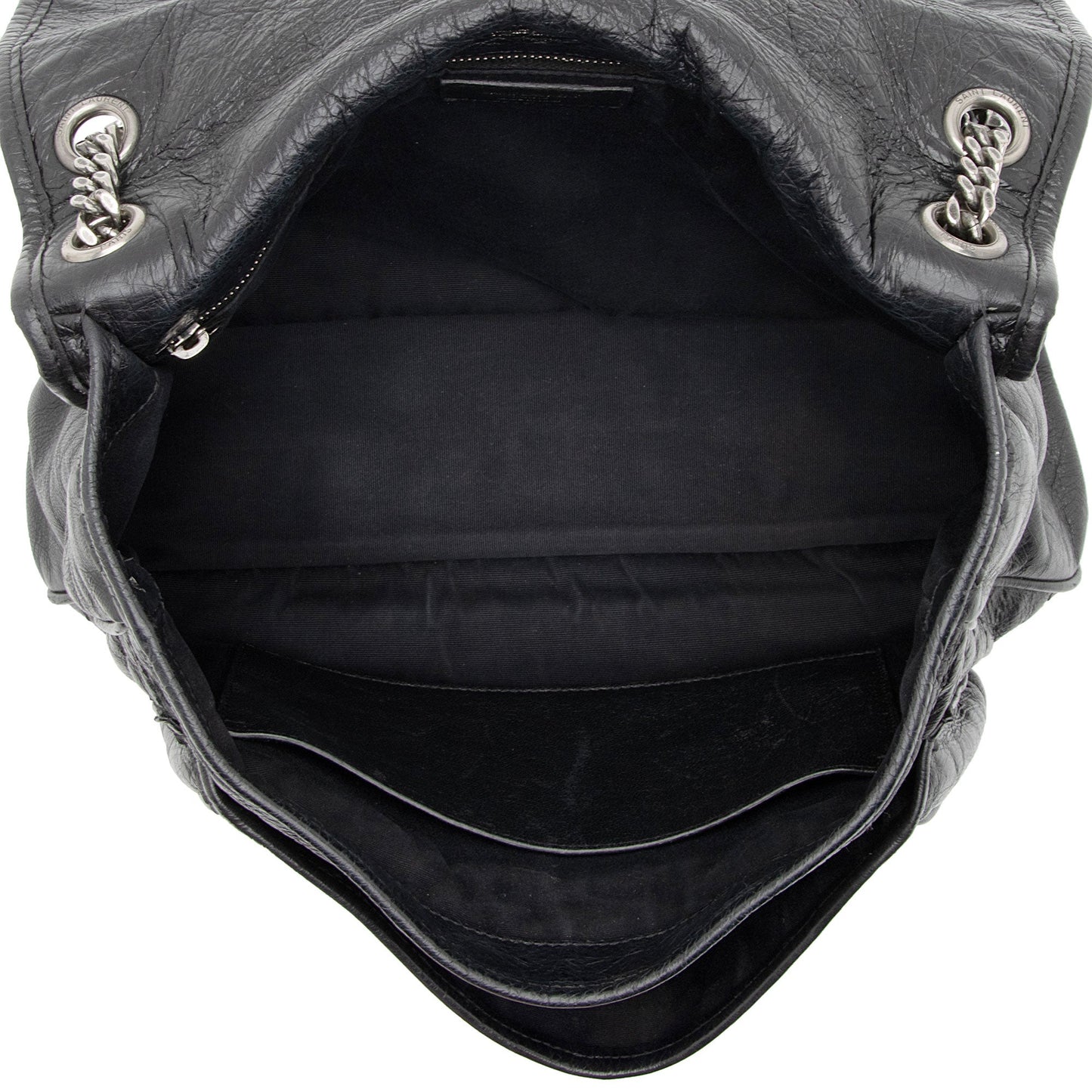 Saint Laurent Crinkled Calfskin Matte Black Monogram Niki Large Shoulder Bag (SHF-eFW25Q)