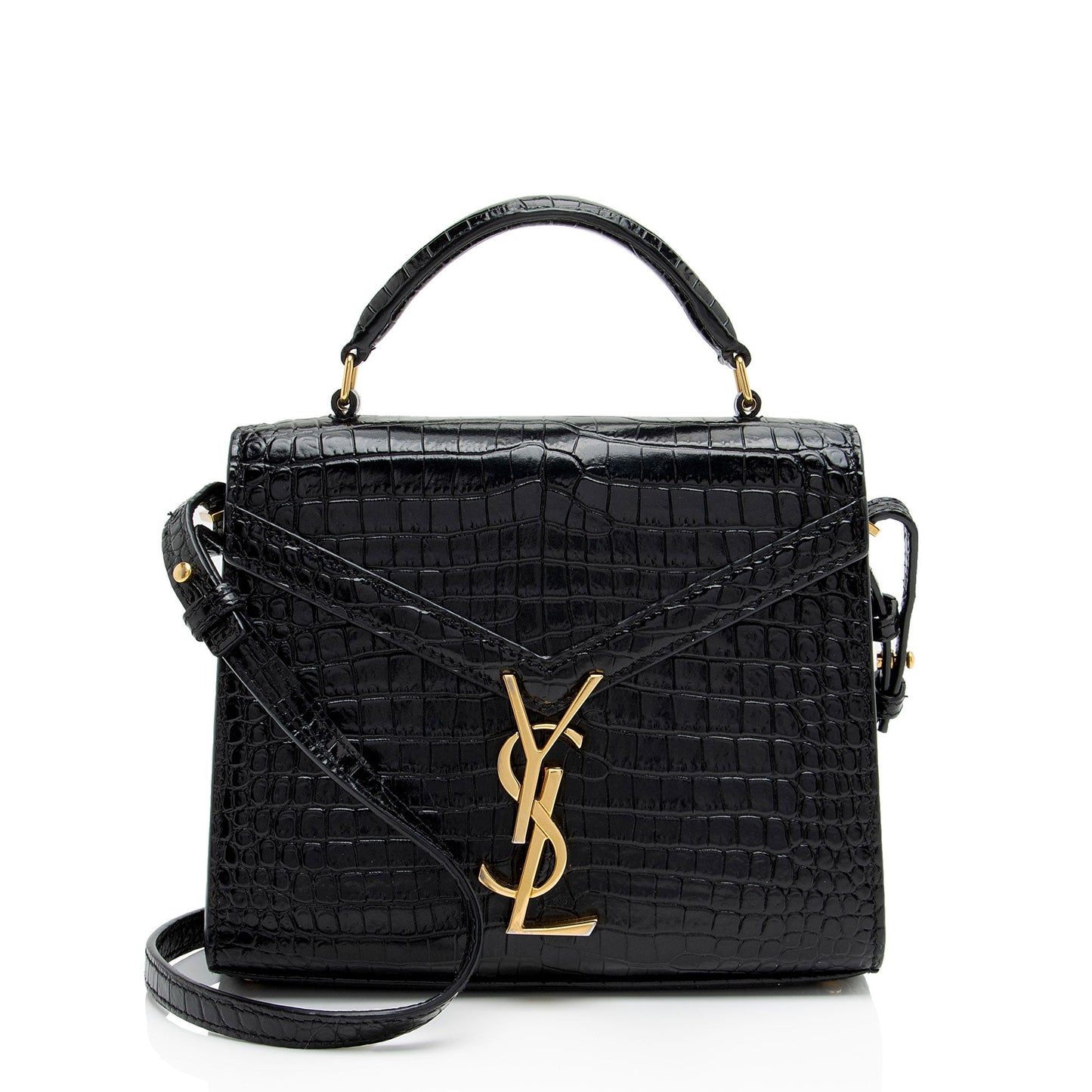 Saint Laurent Croc Embossed Leather Monogram Cassandra Mini Top Handle