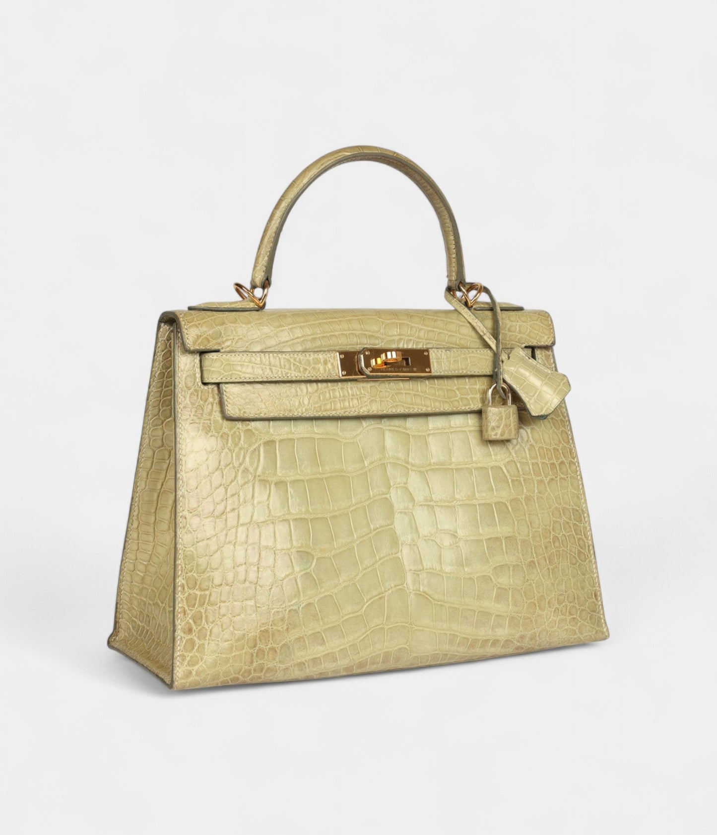 Vintage Hermes Kelly 28 Celadon Natura Shiny Alligator Gold Hardware