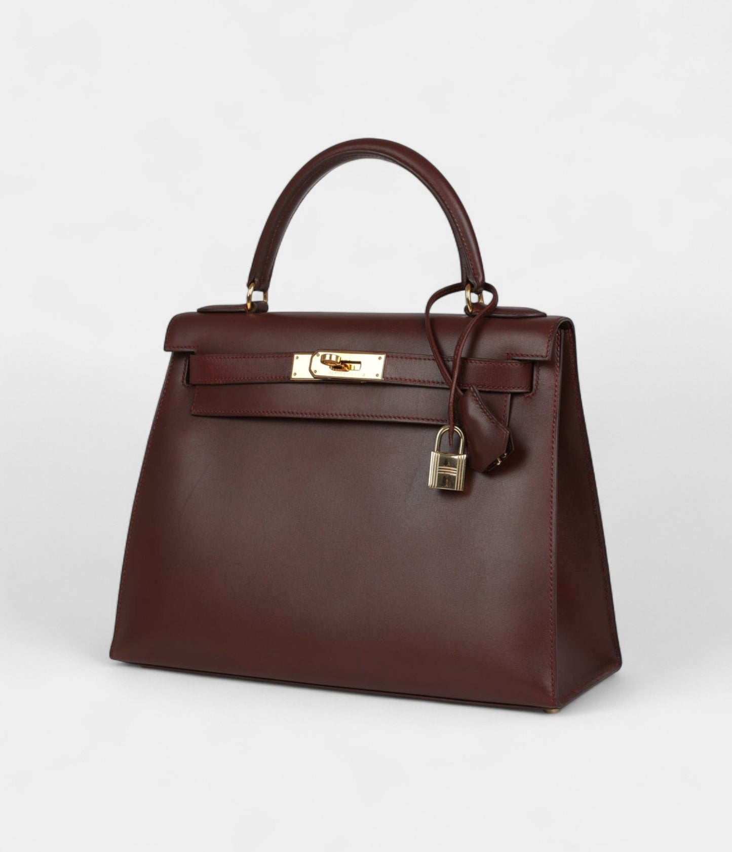 Vintage Hermes Kelly 28 Noisette Box Gold Hardware