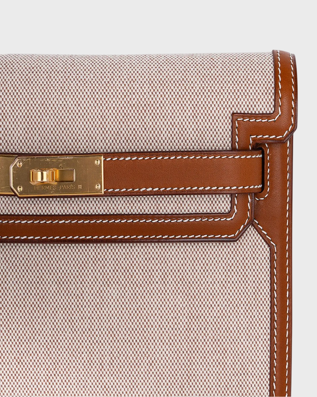 Hermes Kelly Depeches 25 Pouch Toile Fauve Barenia Trim Gold Hardware