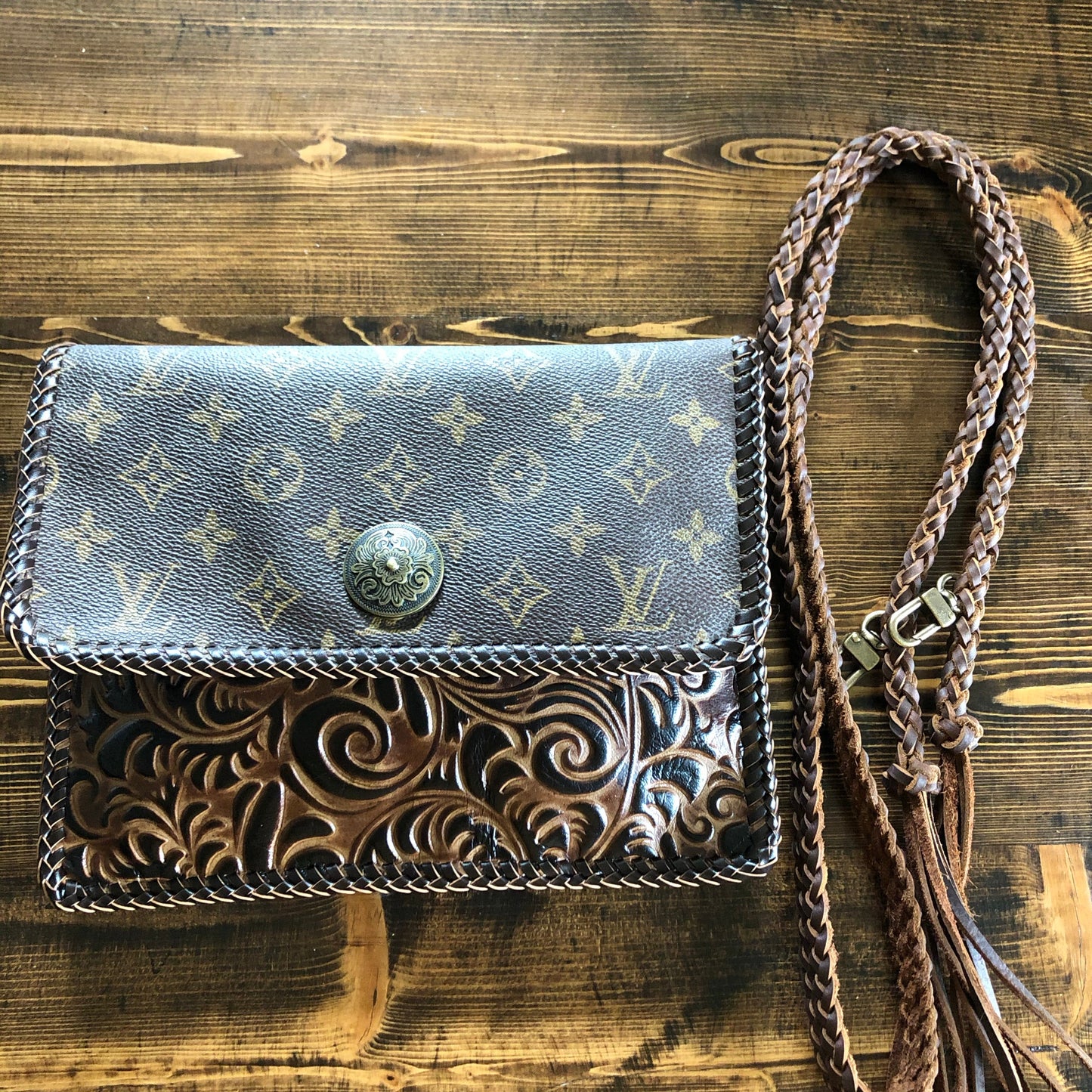 The Warbler Crossbody/Clutch in Monogram with Tooled Leather