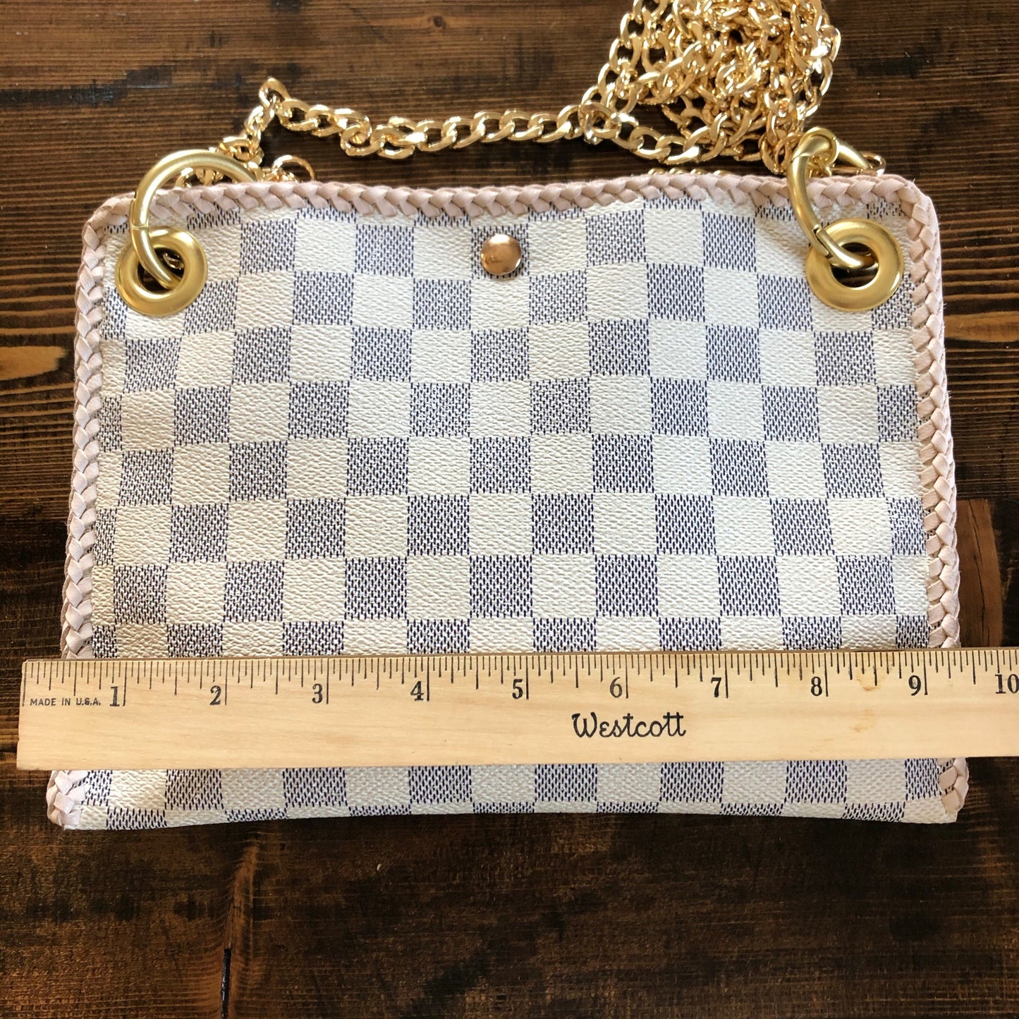 The Nuthatch -Orvis bags Damier Azur Shoulder Bag with Gold Crossbody Chain