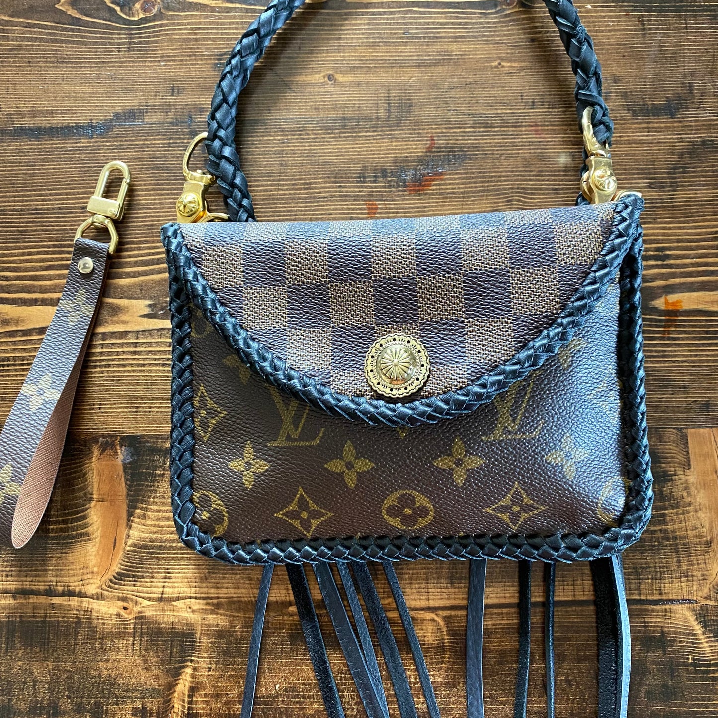 The Falcon with back pocket - Black Damier/Monogram Mix Wristlet/Crossbody/Clutch