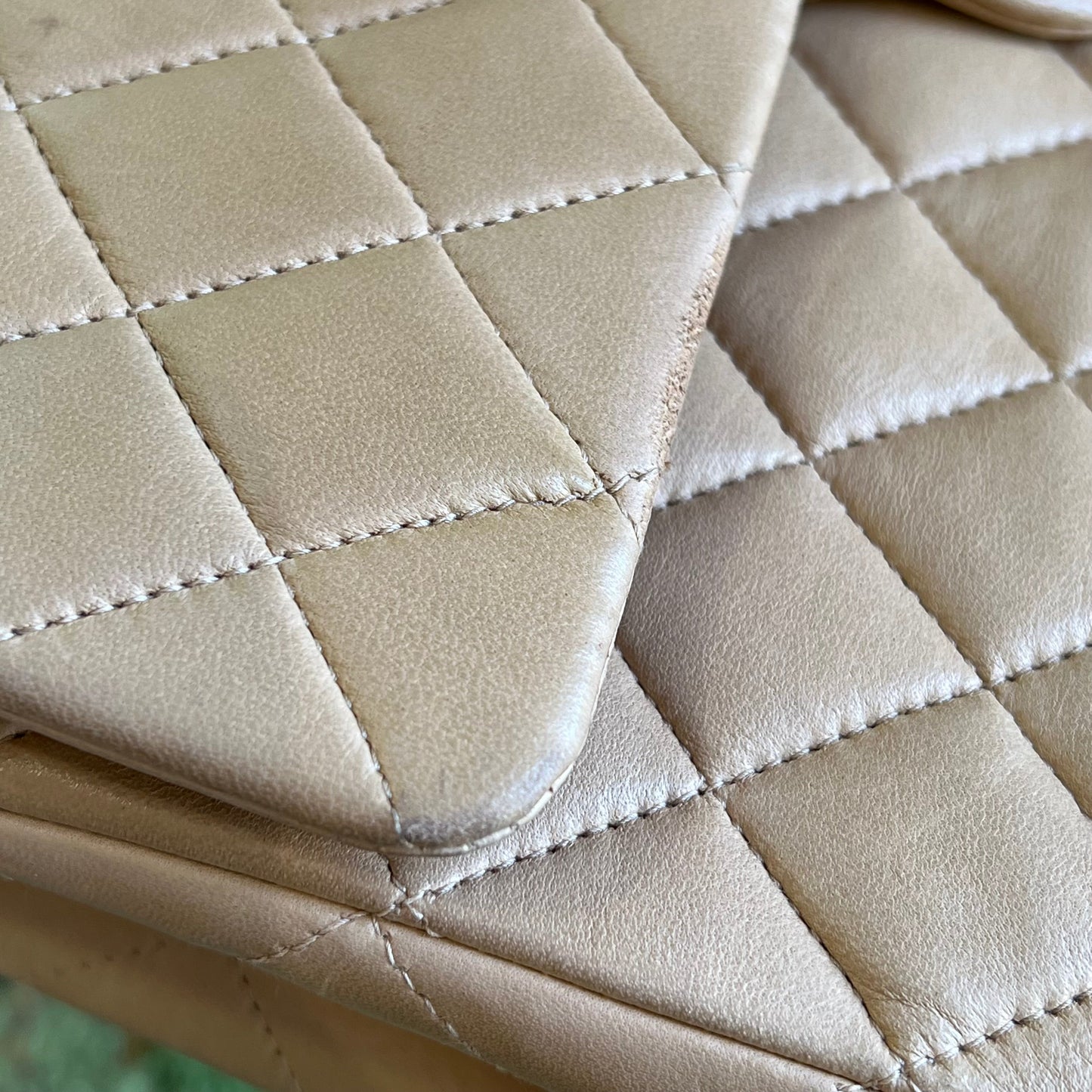 CHANEL Beige Lambskin Leather Quilted Double Flap Shoulder Bag
