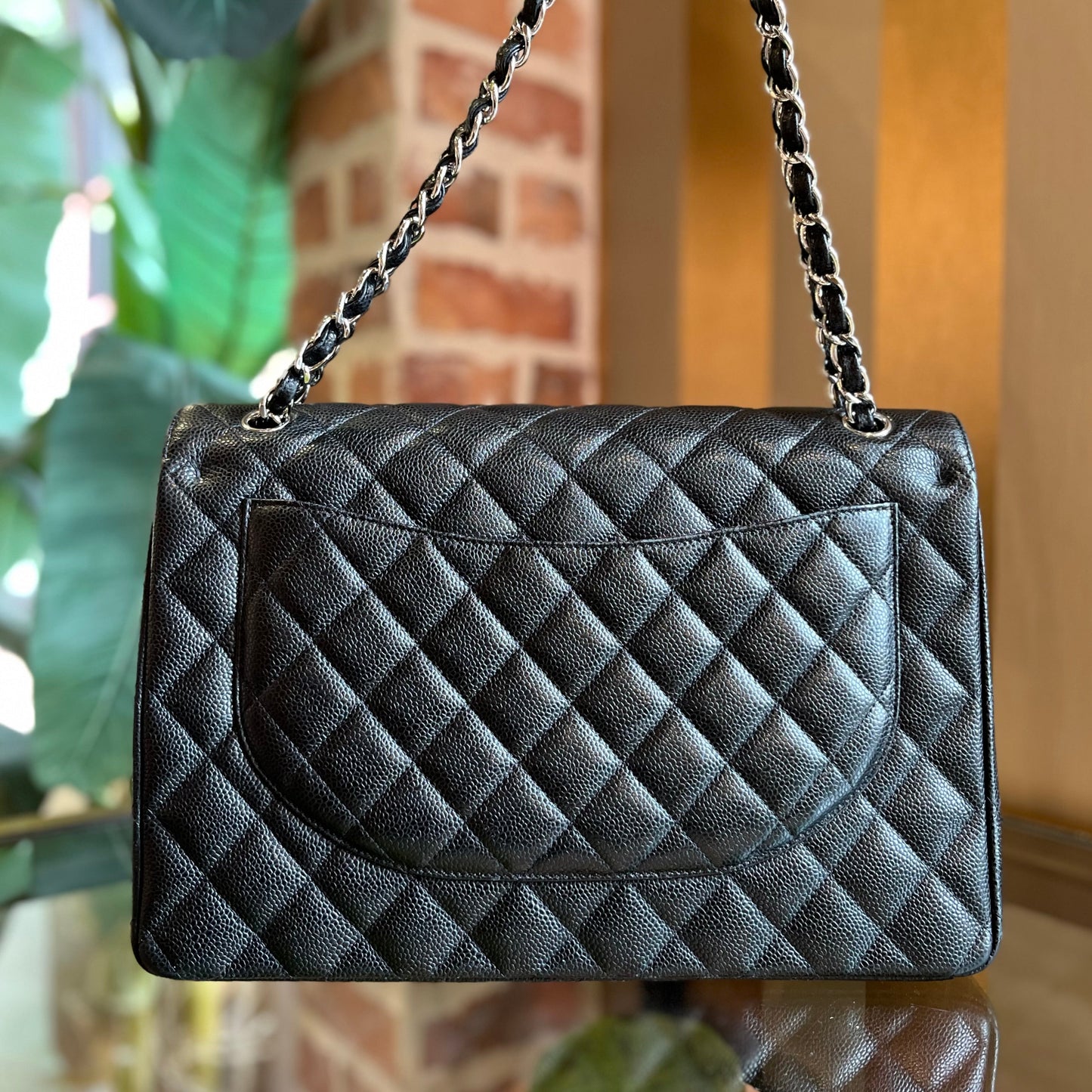 CHANEL Double Flap Maxi Black Caviar Leather Quilted Shoulder Bag