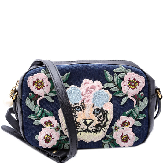 456547 Embroidered Denim Camera Bag
