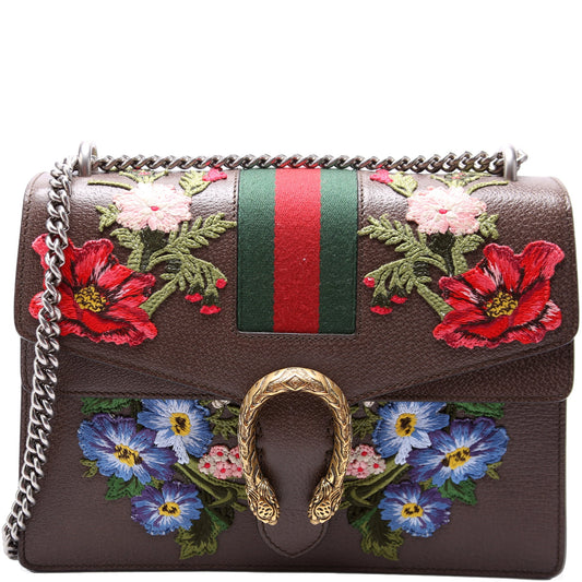 403348 Dionysus Leather Floral Embossed Shoulder Medium
