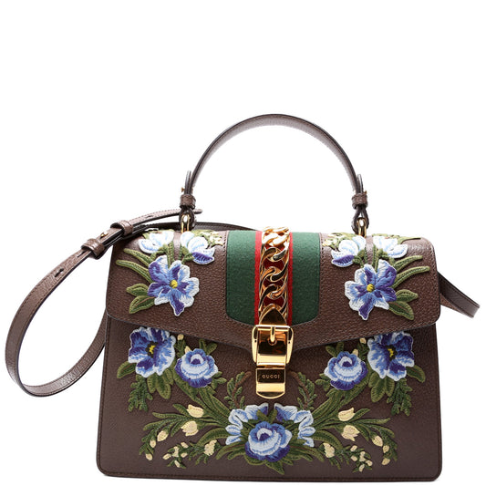431665 Sylvie Top Handle Embroidered Calfskin Medium Brown