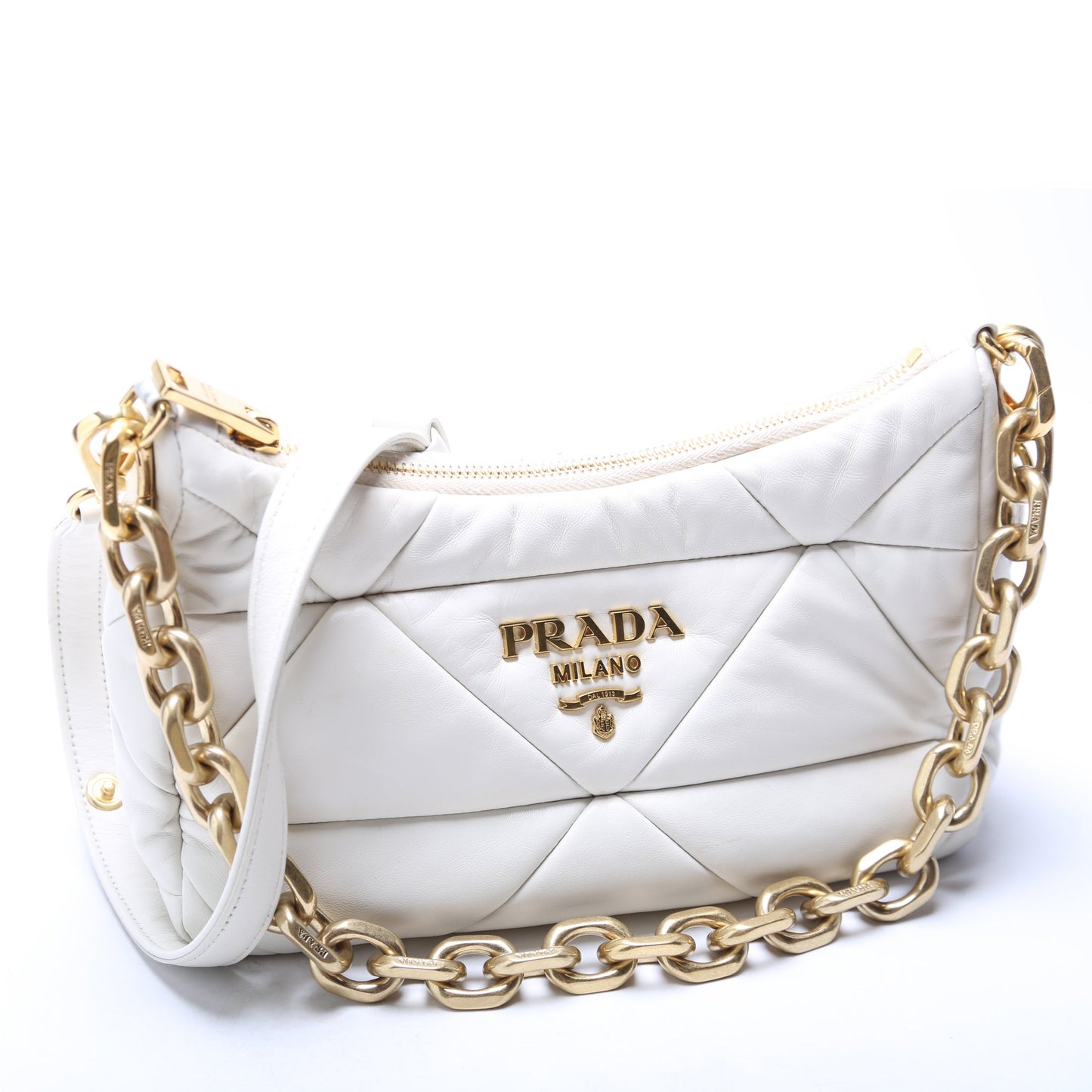 1BC157 Padded Quilted Nappa System Triangle Shoulder Bag White