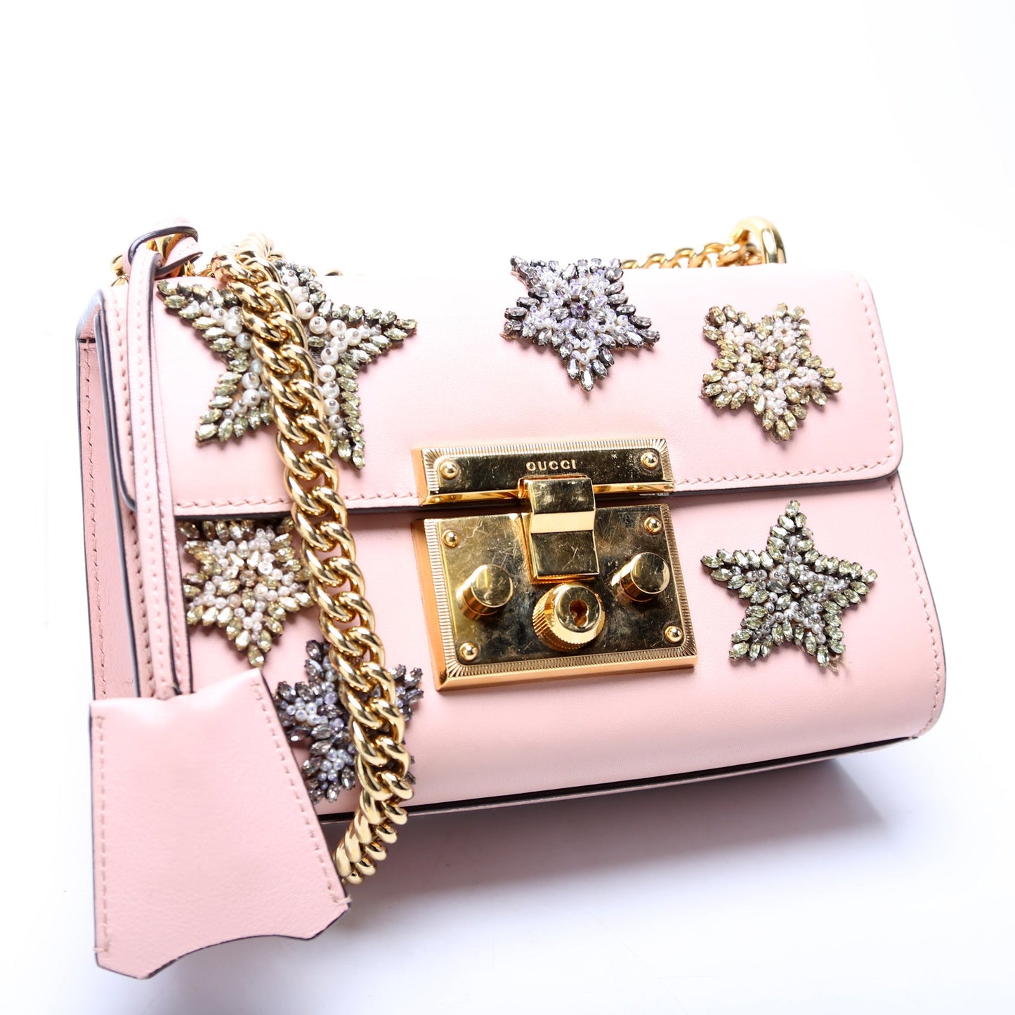 432182 Padlock Embroidered Star Leather Small Pink