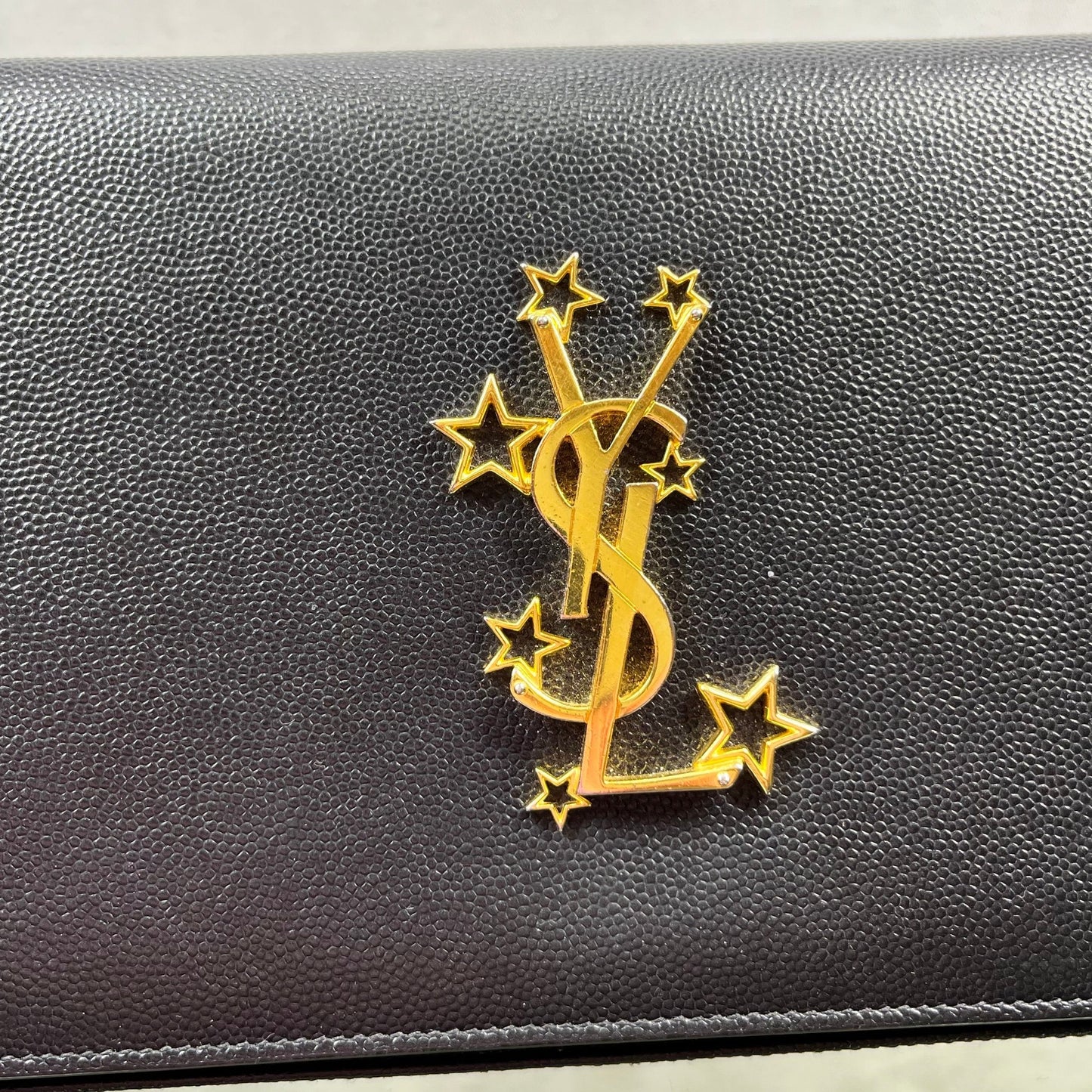 SAINT LAURENT Wallet on Chain Black Grain De Poudre Star Studded Monogram Crossbody
