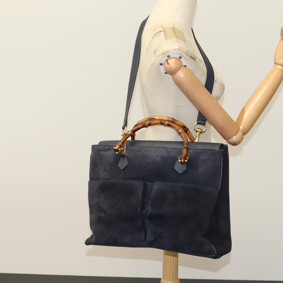 Gucci Bamboo Navy Suede Handbag