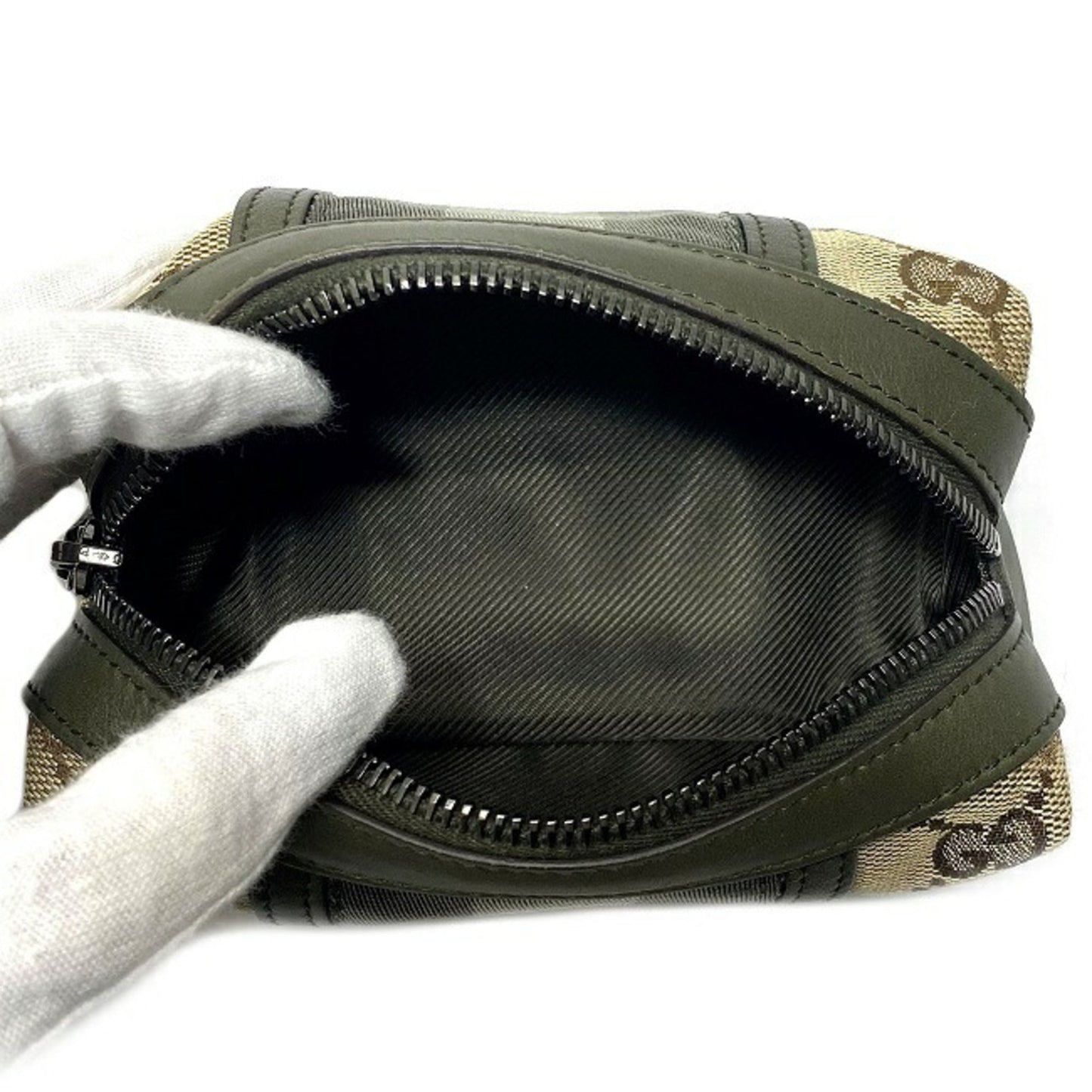Gucci Web Beige Khaki Canvas Leather Pouch