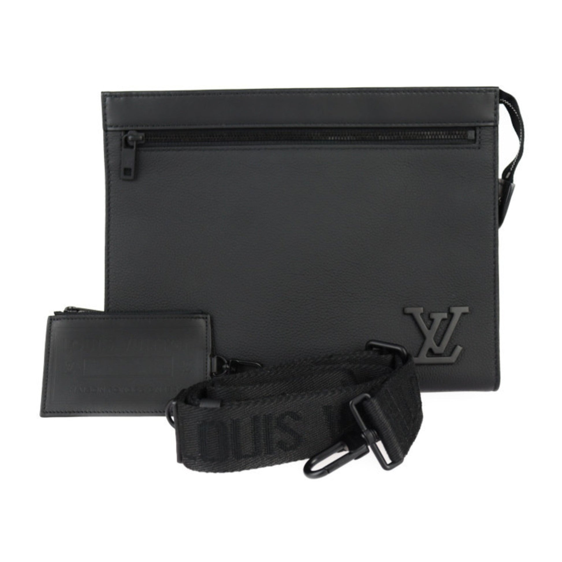 Louis Vuitton Black Leather Clutch Bag Handbag Shoulder Bag ()