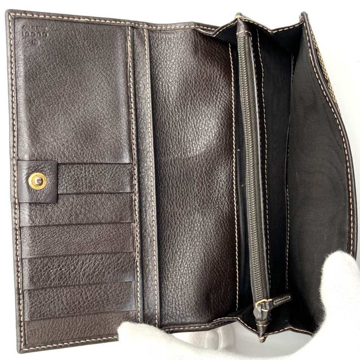 Gucci Brown Gg Canvas Leather Long Wallet (Bi-Fold)