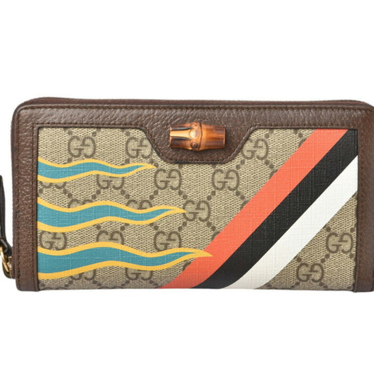 Gucci Beige Brown Gg Supreme Leather Bamboo Long Wallet (Bi-Fold) ()