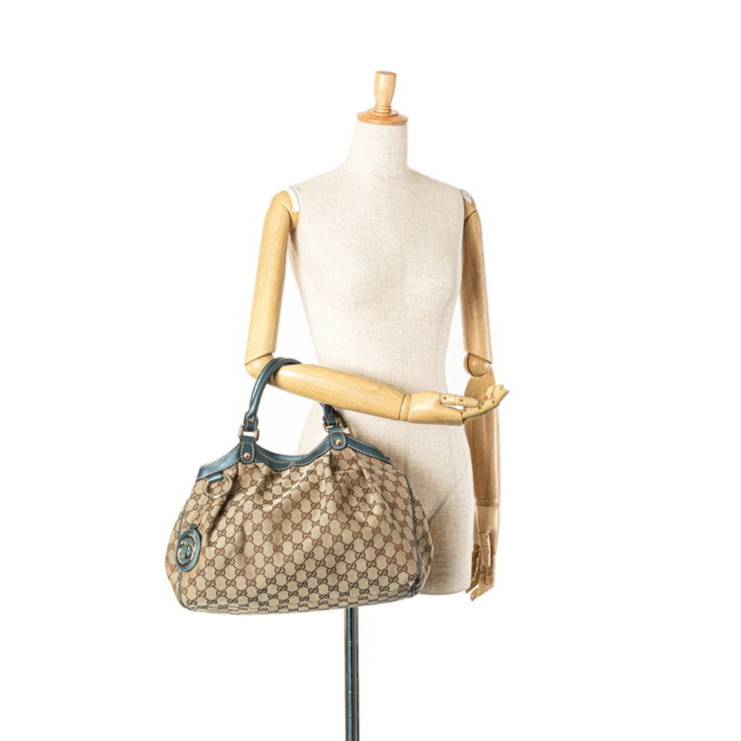 Gucci Gg Canvas Beige Blue Canvas Leather Handbag Tote Bag