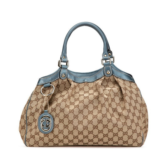 Gucci Gg Canvas Beige Blue Canvas Leather Handbag Tote Bag ()