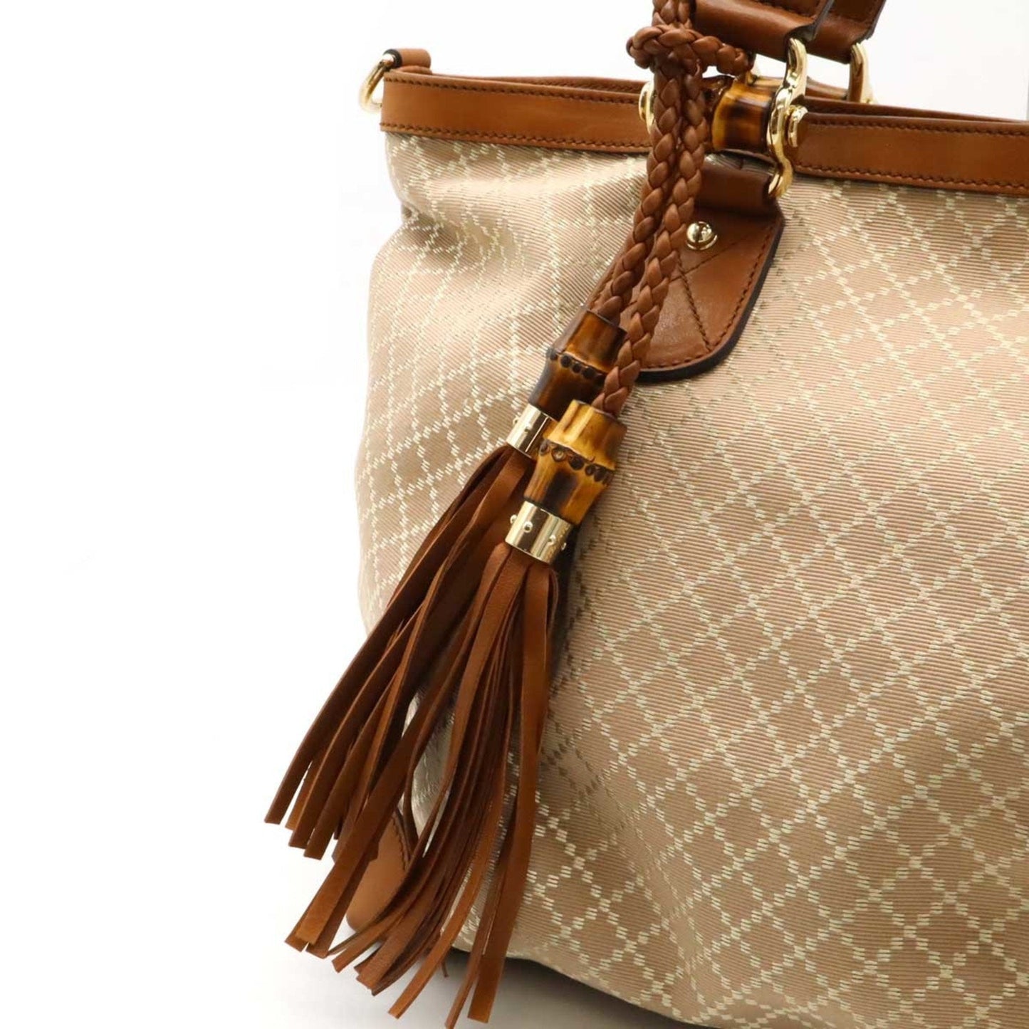 Gucci Beige Brown Bamboo Canvas Leather Shoulder Bag Tote Bag