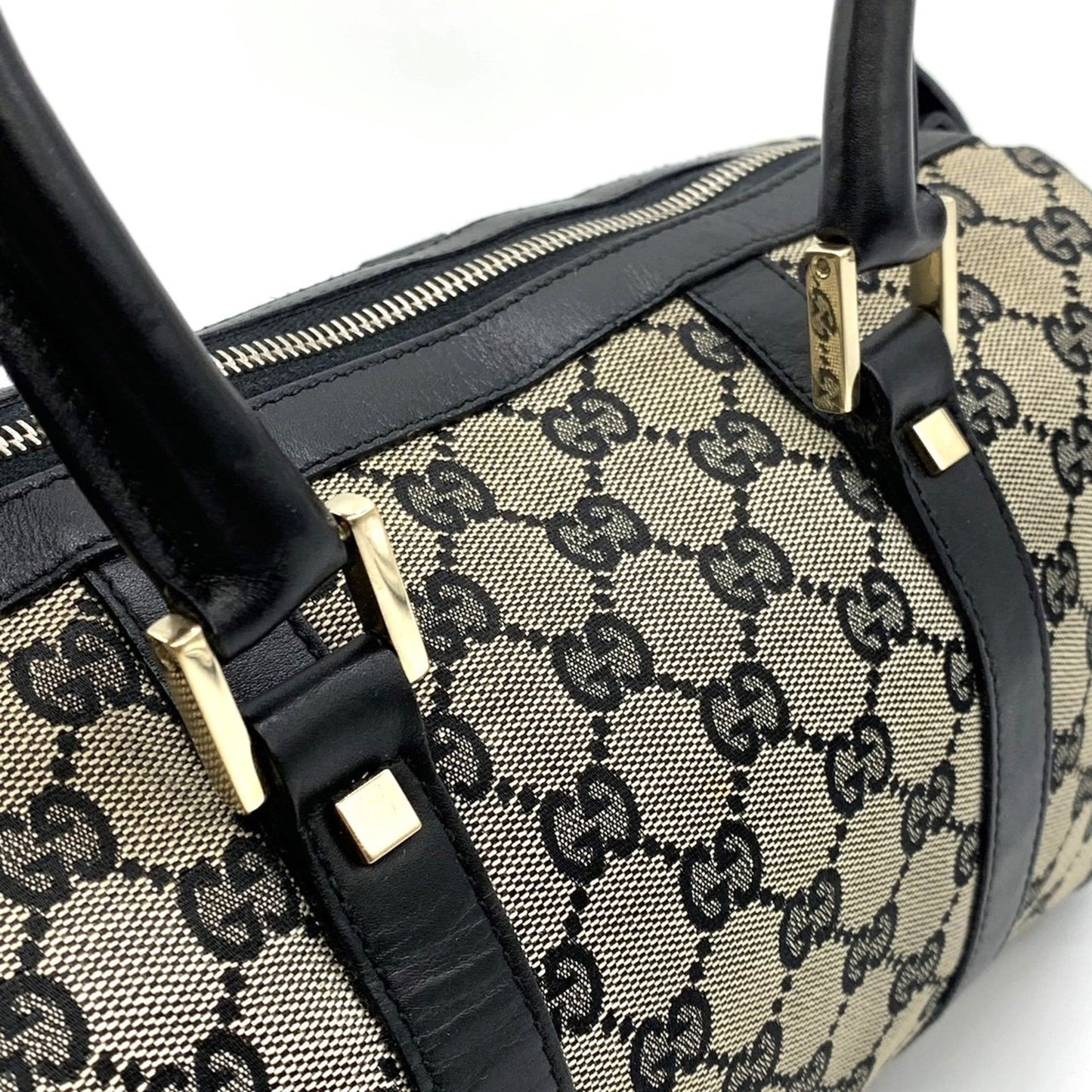 Gucci Black Gg Canvas Leather Boston Bag Handbag