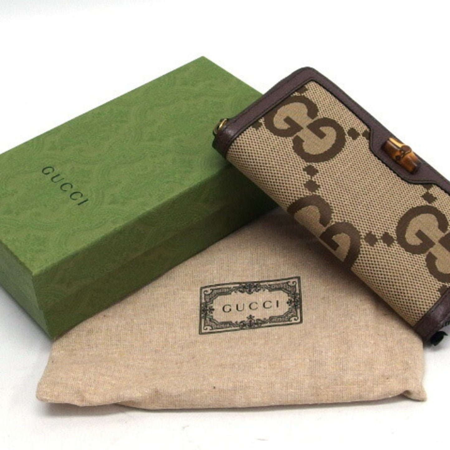 Gucci Beige Dark Brown Canvas Leather Long Wallet (Bi-Fold)