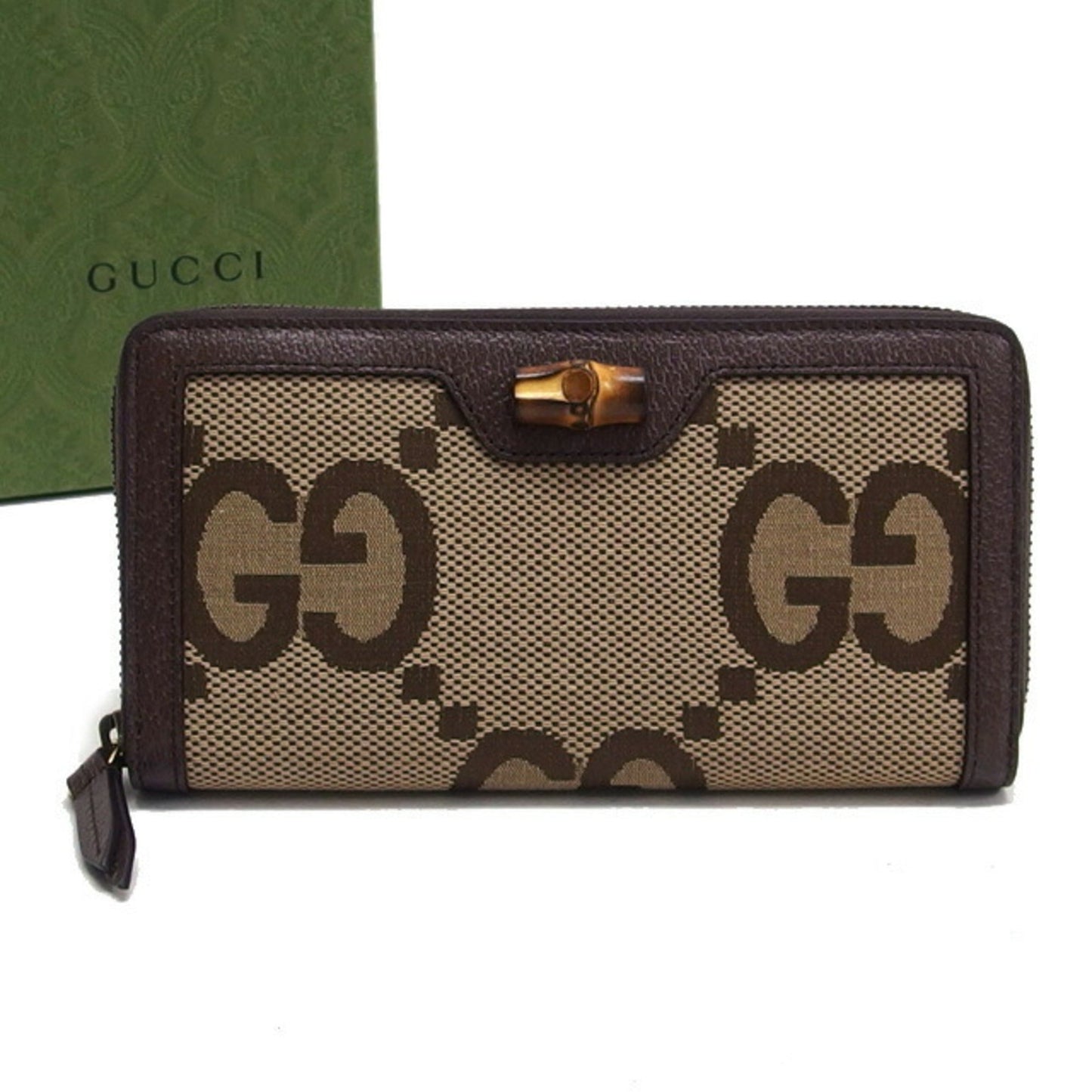 Gucci Beige Dark Brown Canvas Leather Long Wallet (Bi-Fold) ()