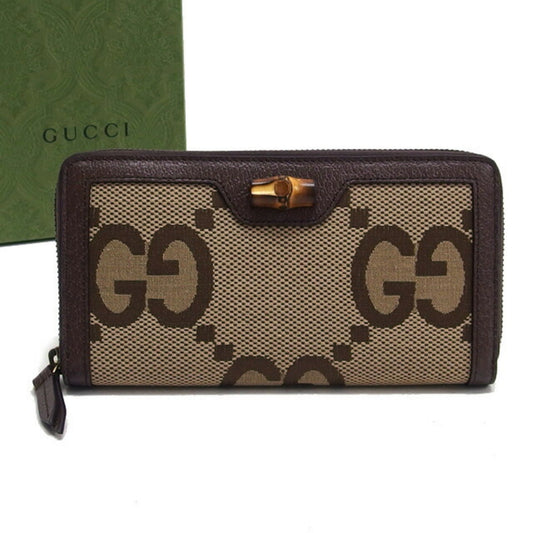 Gucci Beige Dark Brown Canvas Leather Long Wallet (Bi-Fold) ()