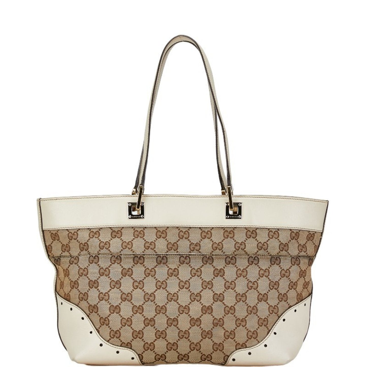 Gucci Beige White Gg Canvas Leather Handbag Tote Bag