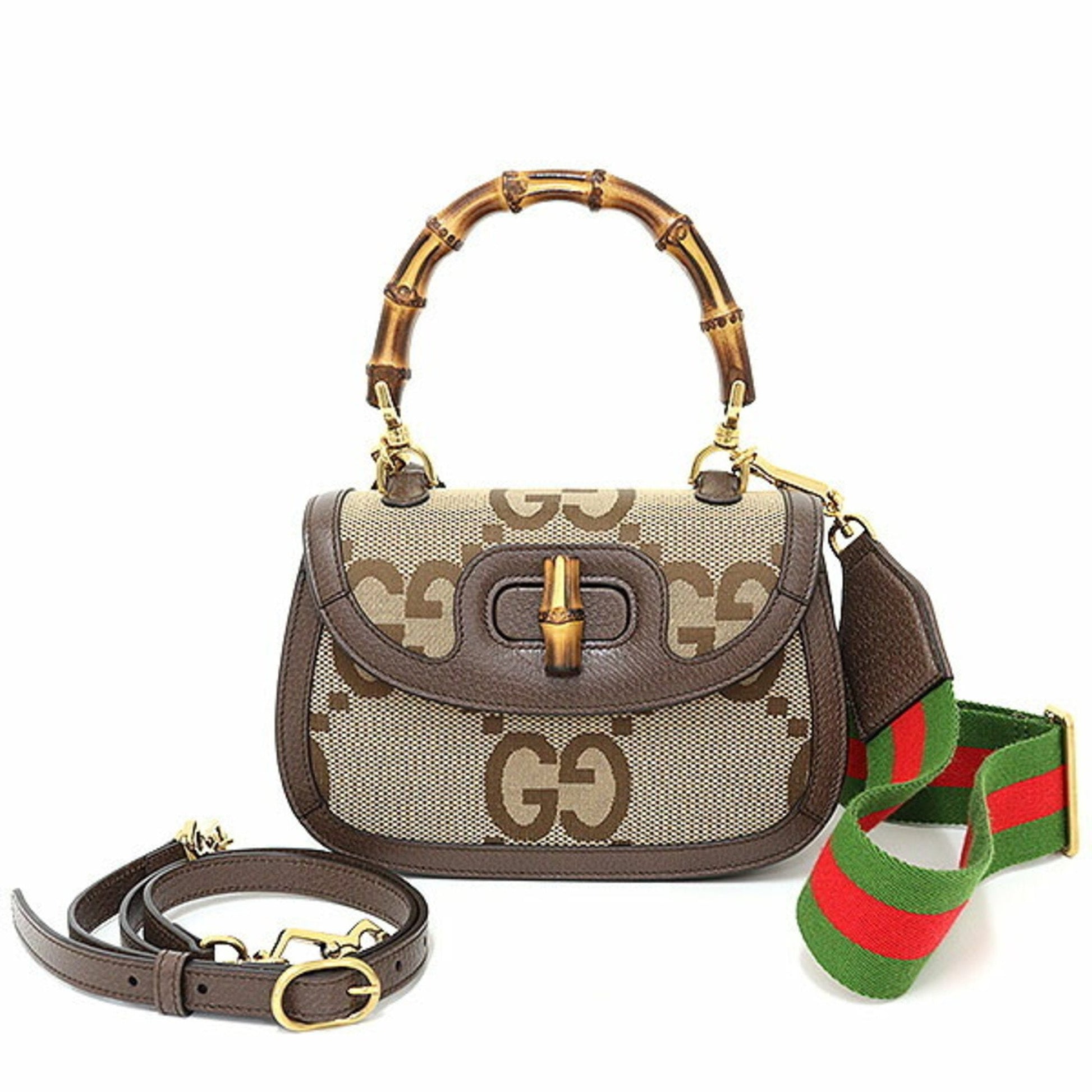 Gucci Camel Multi-Color Gg Canvas Leather Bamboo Handbag ()