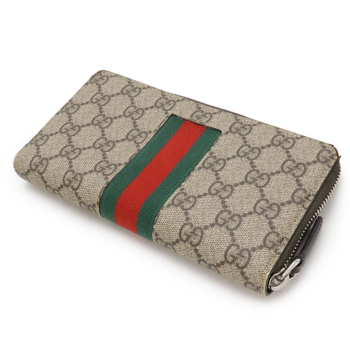 Gucci Beige Dark Brown Green Red Color Pvc Leather Long Wallet (Bi-Fold)