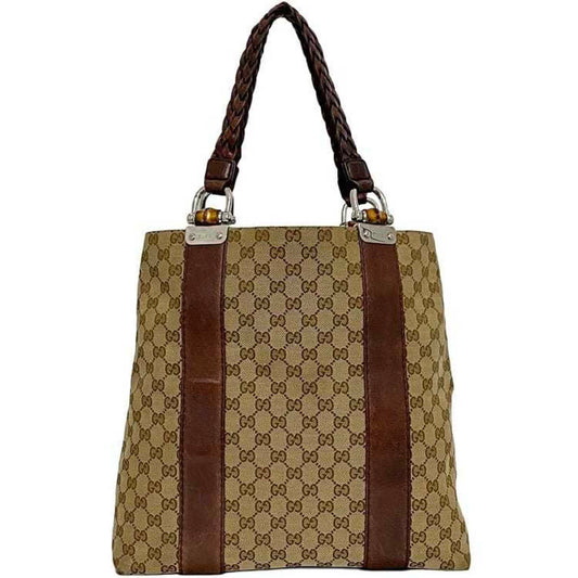Gucci Beige Brown Canvas Leather Tote Bag ()