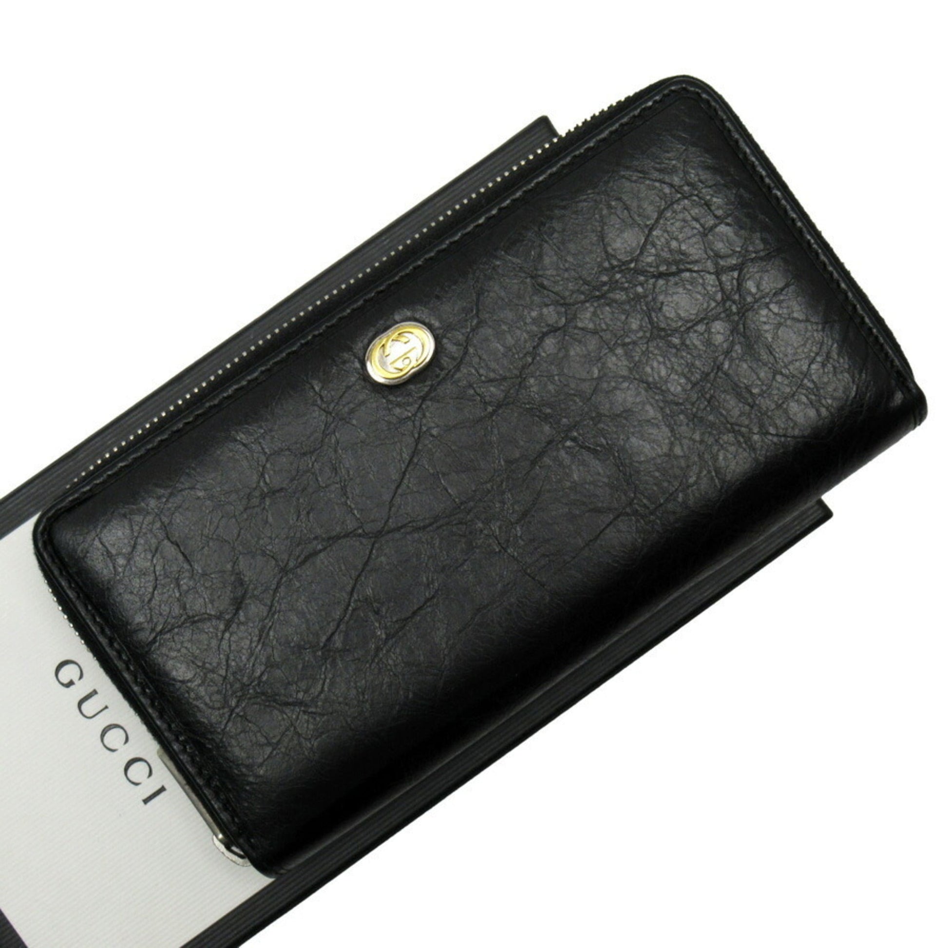 Gucci Black Gold Silver Leather Long Wallet (Bi-Fold) ()