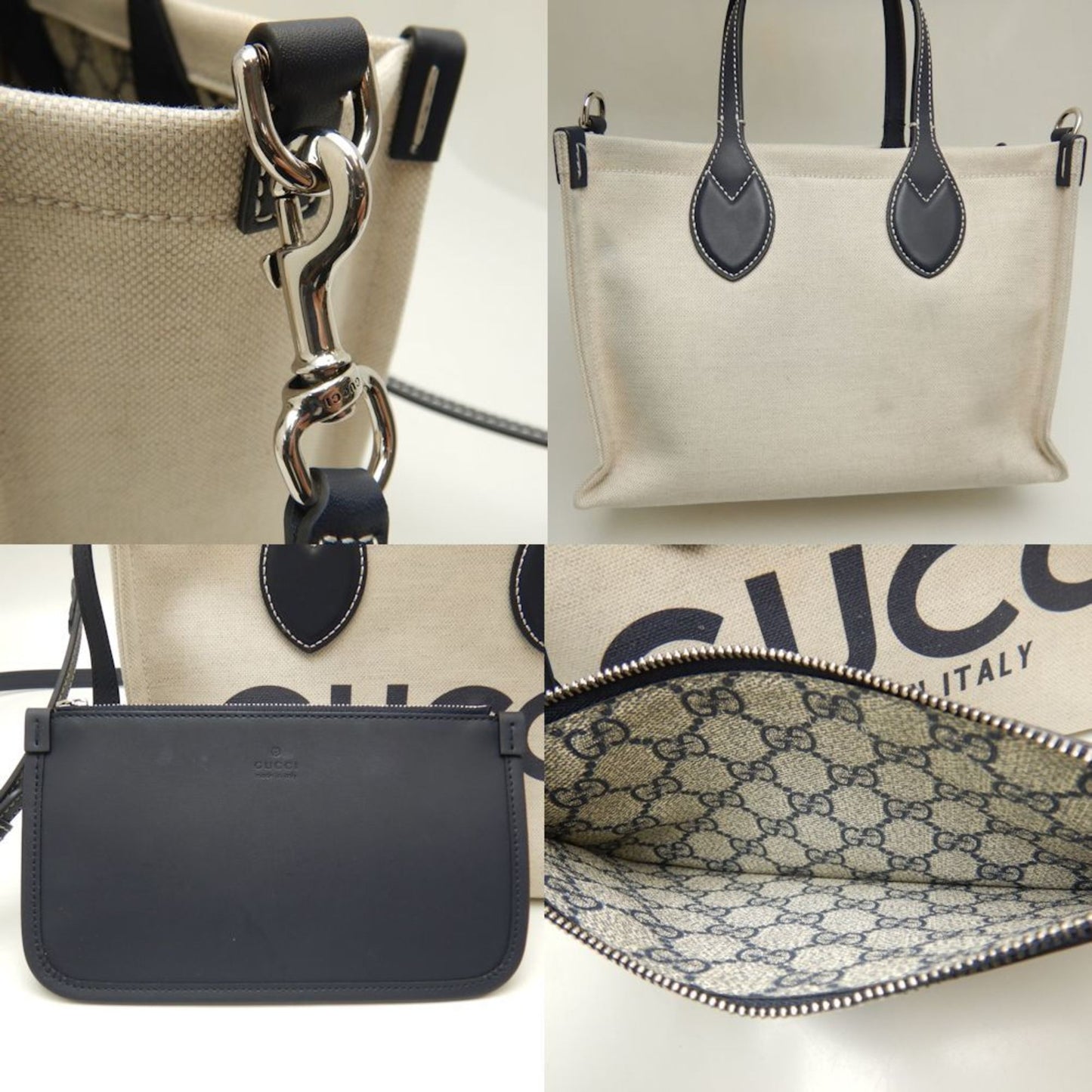 Gucci Beige Navy Canvas Tote Bag