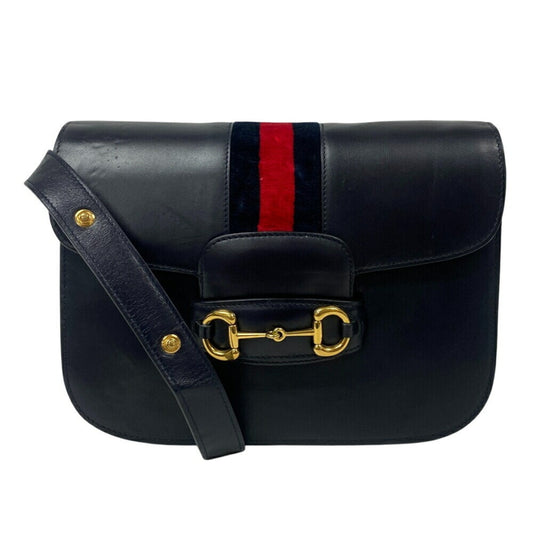 Gucci Horsebit Navy Red Color Leather Shoulder Bag ()