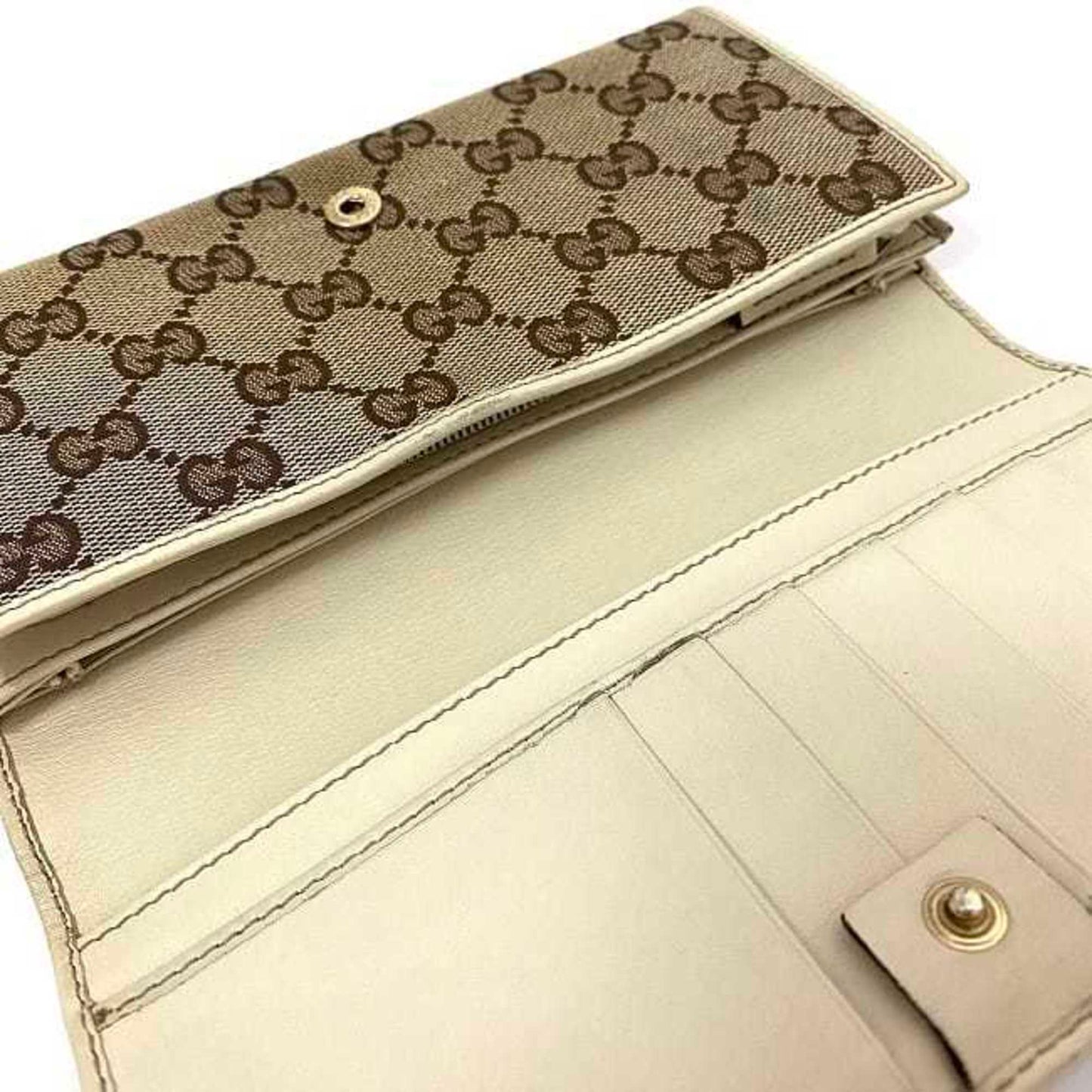Gucci Beige Brown White Canvas Long Wallet (Bi-Fold)
