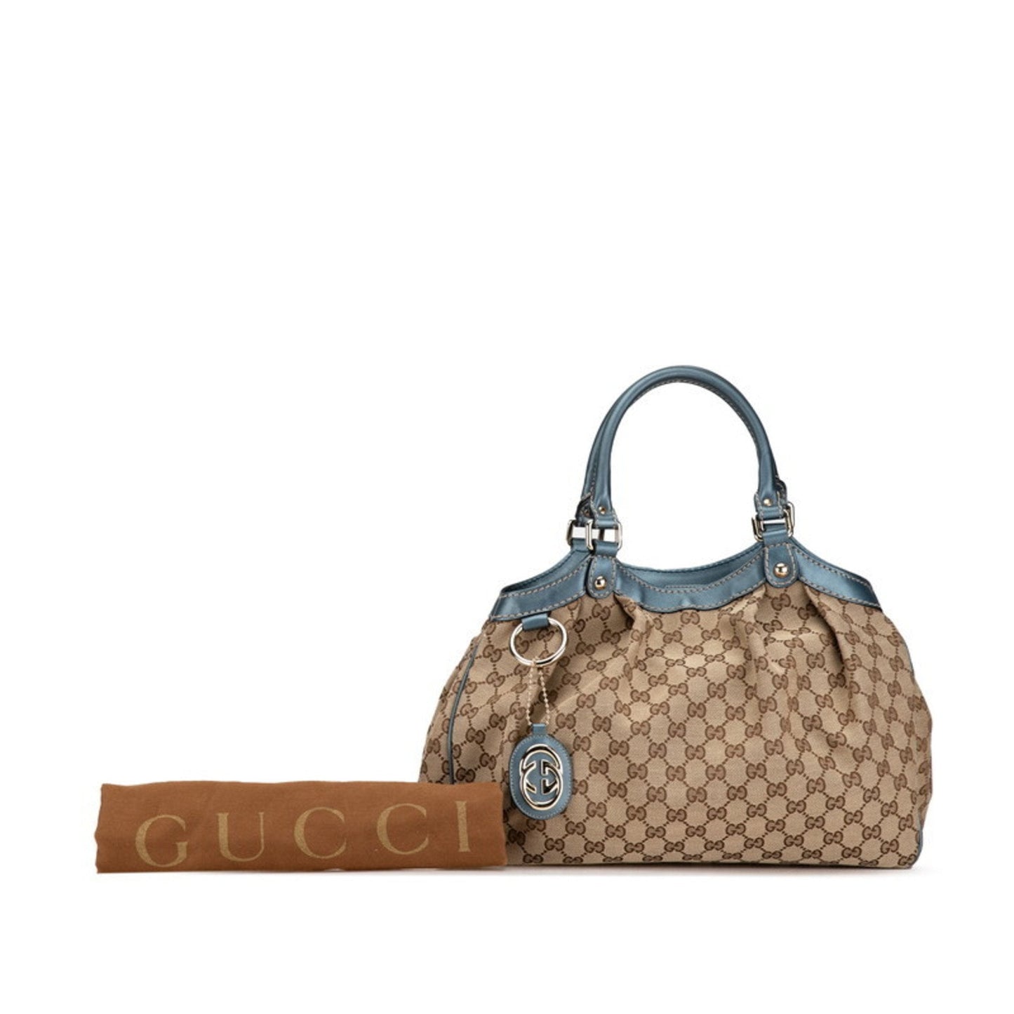 Gucci Gg Canvas Beige Blue Canvas Leather Handbag Tote Bag