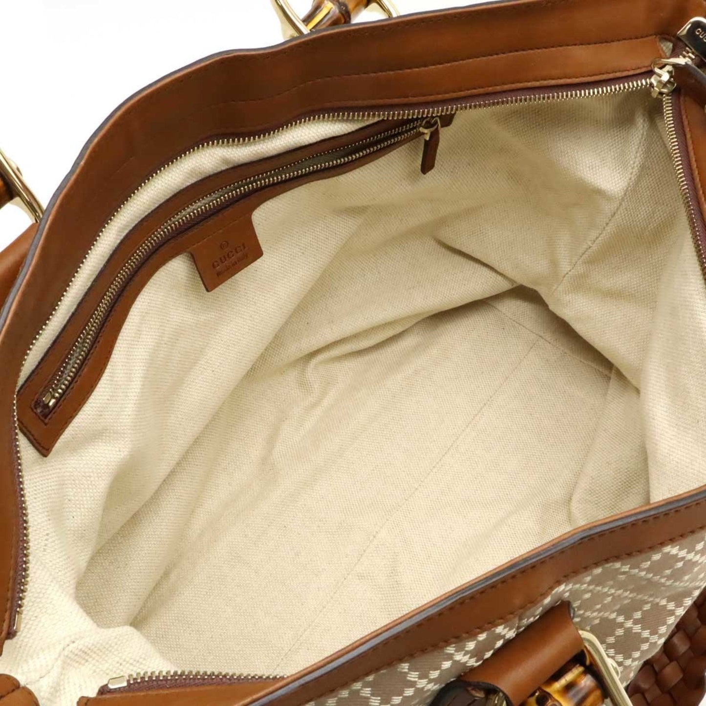 Gucci Beige Brown Bamboo Canvas Leather Shoulder Bag Tote Bag