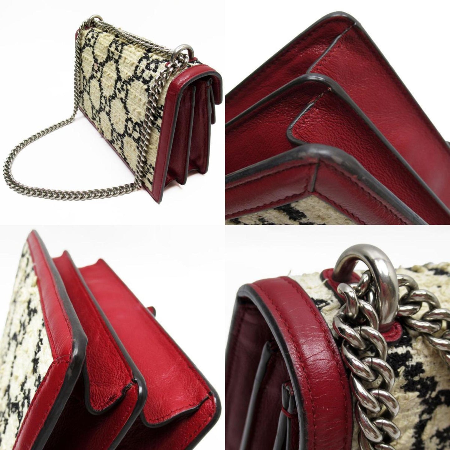 Gucci Black Dark Red Off-White Tweed Leather Shoulder Bag