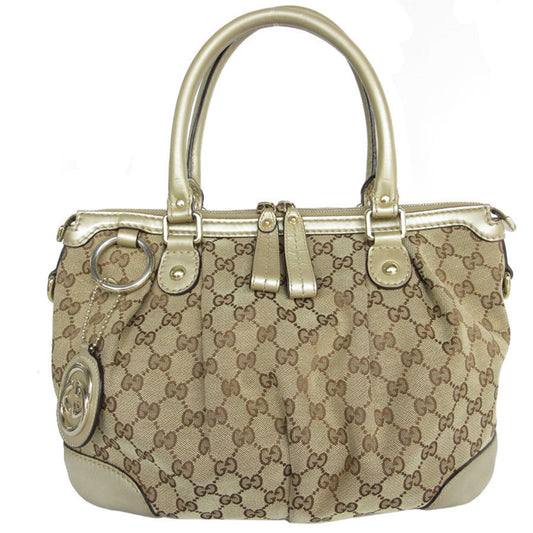 Gucci Beige Gold Canvas Leather Handbag ()