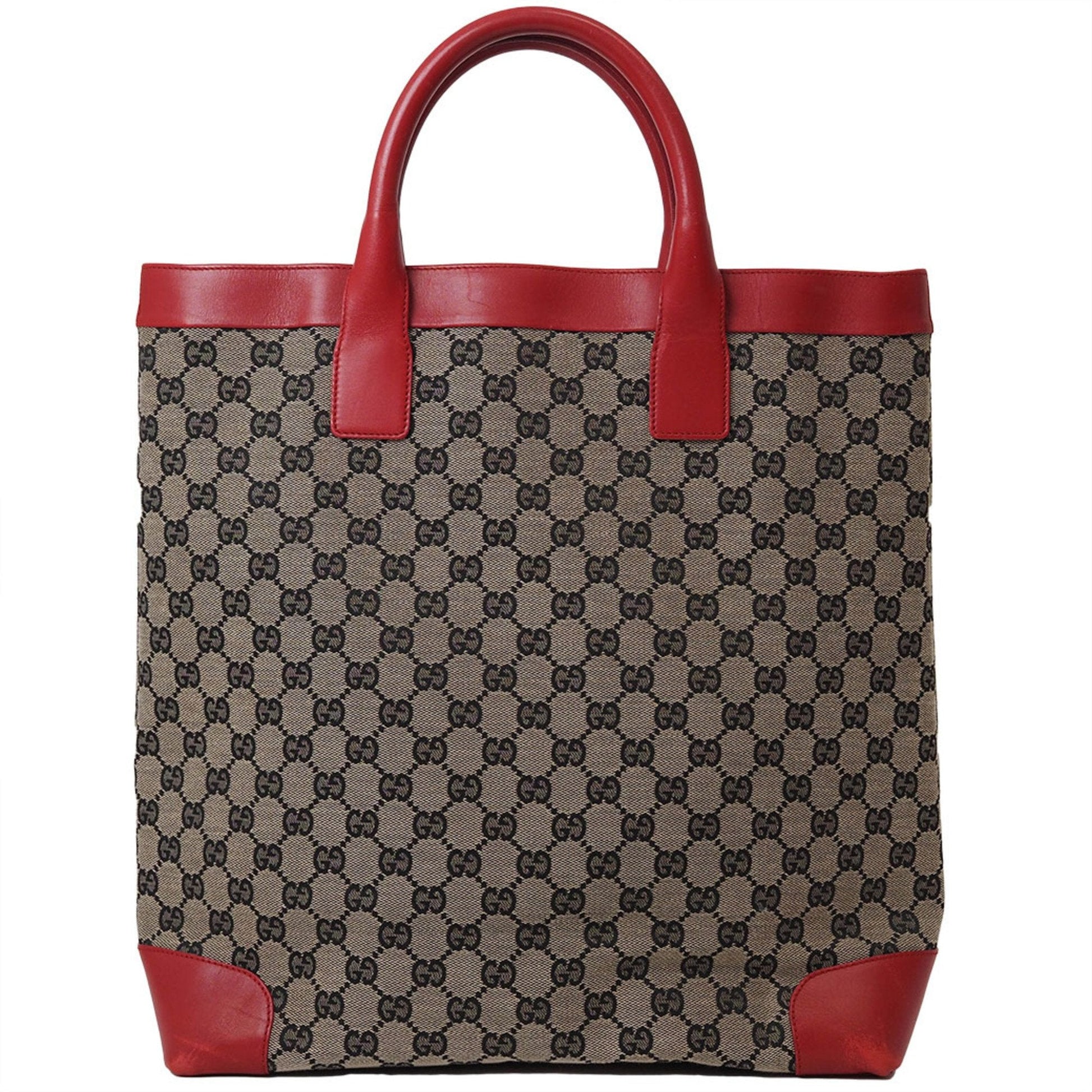 Gucci Gg Canvas Beige Red Color Canvas Leather Handbag Tote Bag ()
