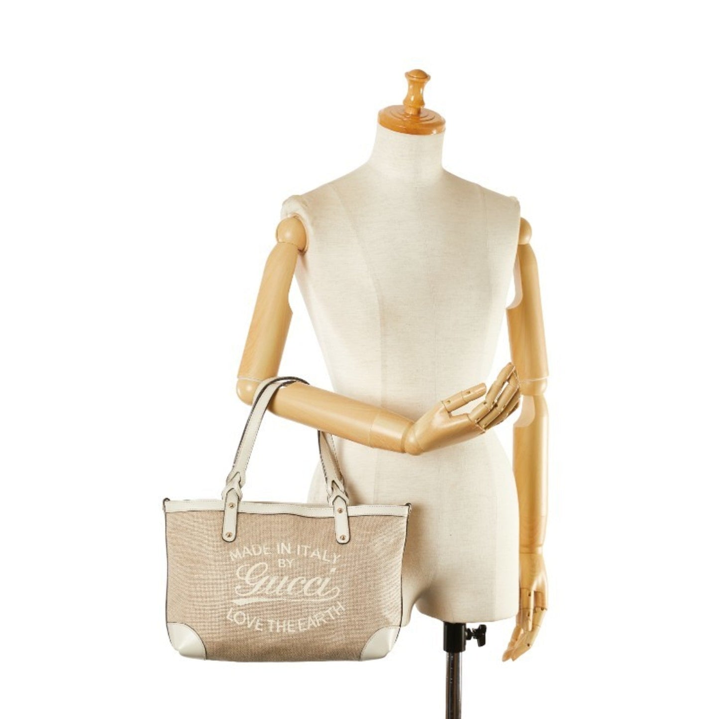 Gucci Beige White Canvas Leather Handbag Tote Bag