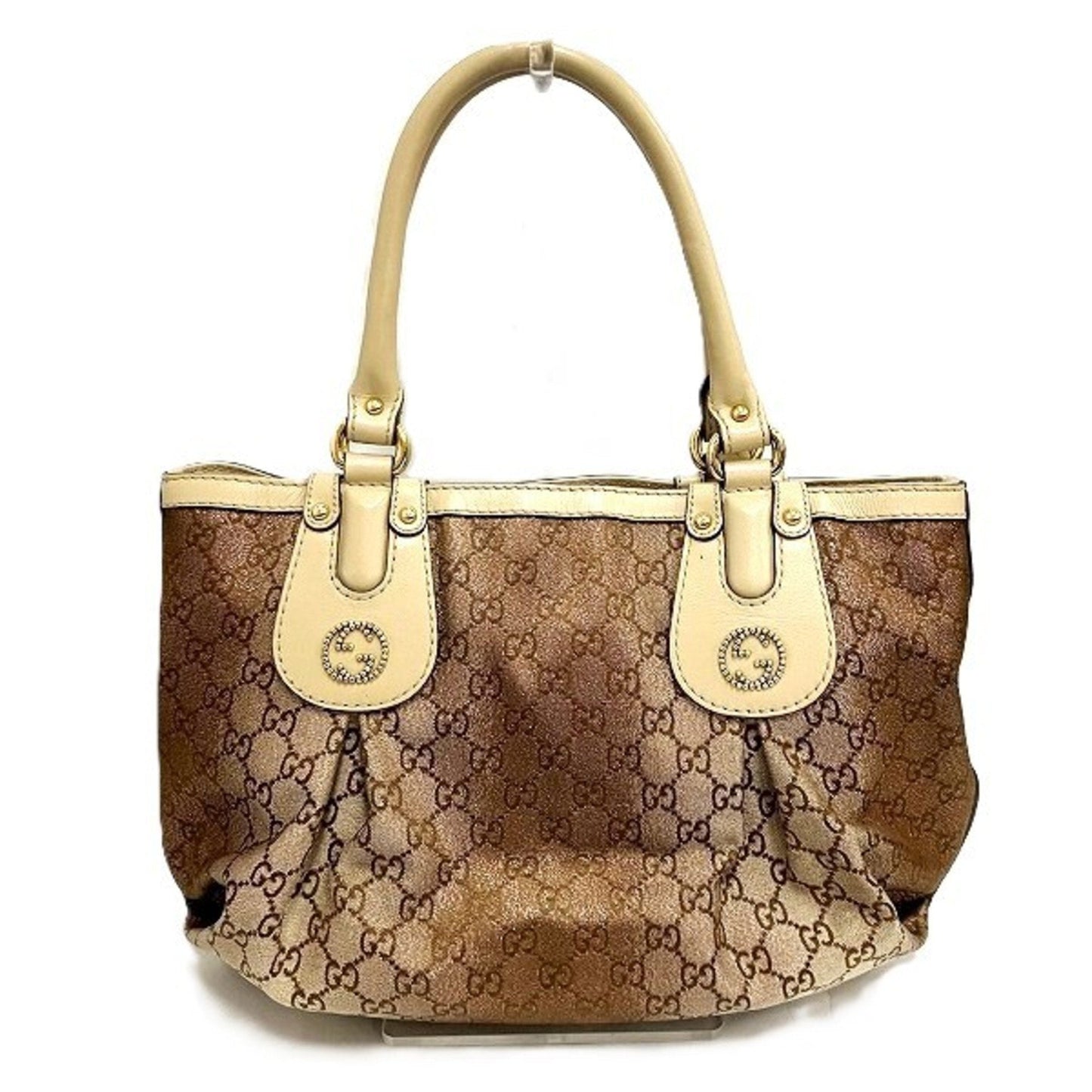 Gucci Beige Metallic Pink Canvas Leather Handbag