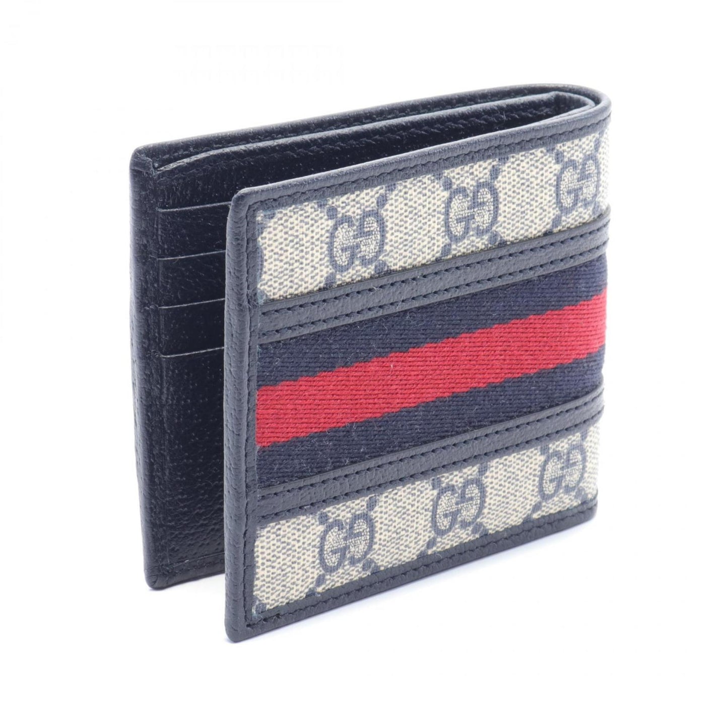 Gucci Beige Navy Red Color Gg Supreme Leather Wallet (Bi-Fold)