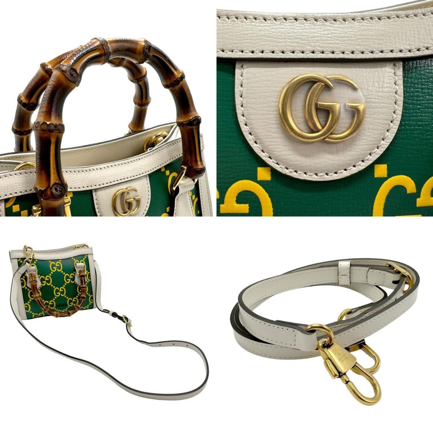 Gucci Green Ivory Yellow Leather Handbag Shoulder Bag