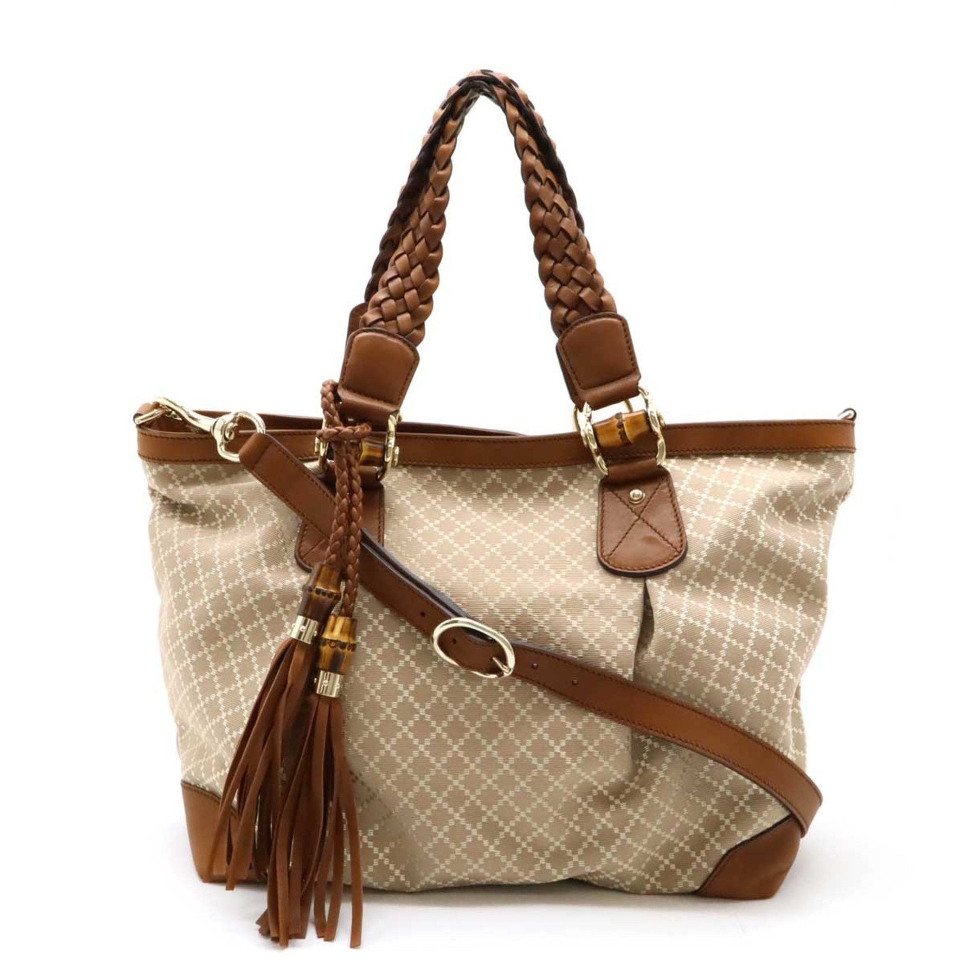 Gucci Beige Brown Bamboo Canvas Leather Shoulder Bag Tote Bag ()