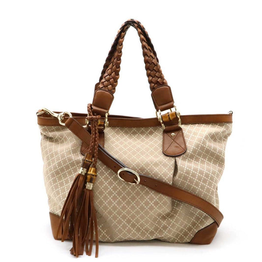 Gucci Beige Brown Bamboo Canvas Leather Shoulder Bag Tote Bag ()