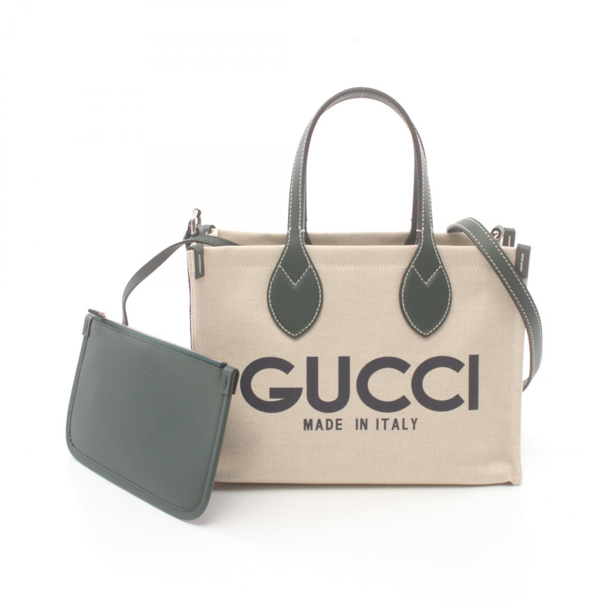 Gucci Beige Green Canvas Leather Tote Bag ()