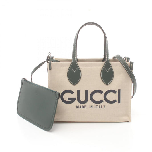Gucci Beige Green Canvas Leather Tote Bag ()